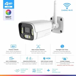 4MP Outdoor Security Wifi Camera AI 95ft NightColor Human Detection Bullet IP Camera With Two-Way Audio H.265+ Support MicroSD