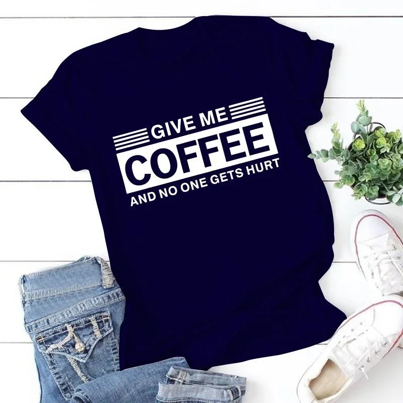 Women Fashion Short Sleeve Tee Shirt Lady Casual Loose New Round Neck T-shirt Top Plus Size Funny \'Give Me Coffee Print T Shirt