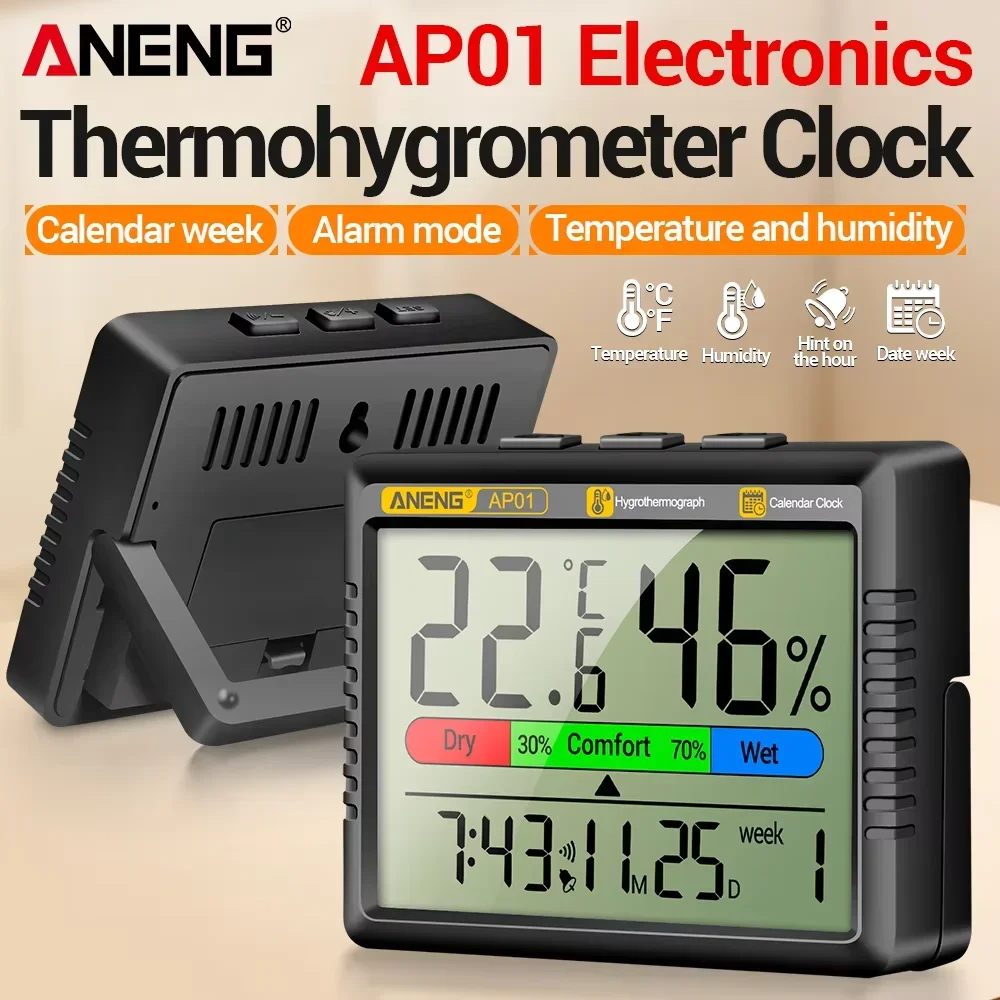 

ANENG AP01 Thermohygrometer Electronic Clock Multiscene Measurement High Definition Screen Digital Air Thermometer Hygrometer