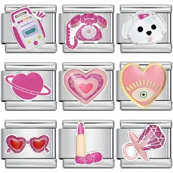 New Women Girls Pretty Fashion Pink Lipstick Sunglasses Italian Charms Links Fit 9mm Stainless Steel Bracelet Making Jewelry