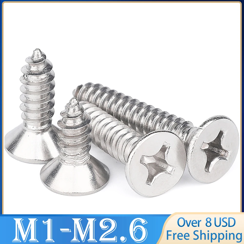 

100pcs M1 M1.2 M1.4 M1.5 M1.7 M2 M2.6 M2.3 Mini 304 stainless steel Cross Phillips Flat Countersunk Head Self-tapping Wood Screw