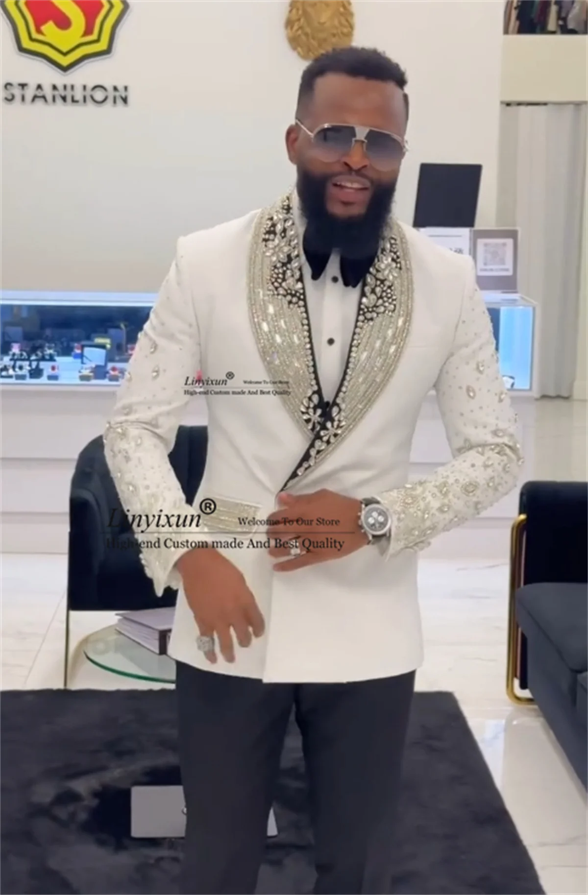 Glitter Metal Embellished Beadeds Men Suits Double Breast Groom Tuxedos 2 Pieces Sets Party Prom Blazer Customized Costume Homme