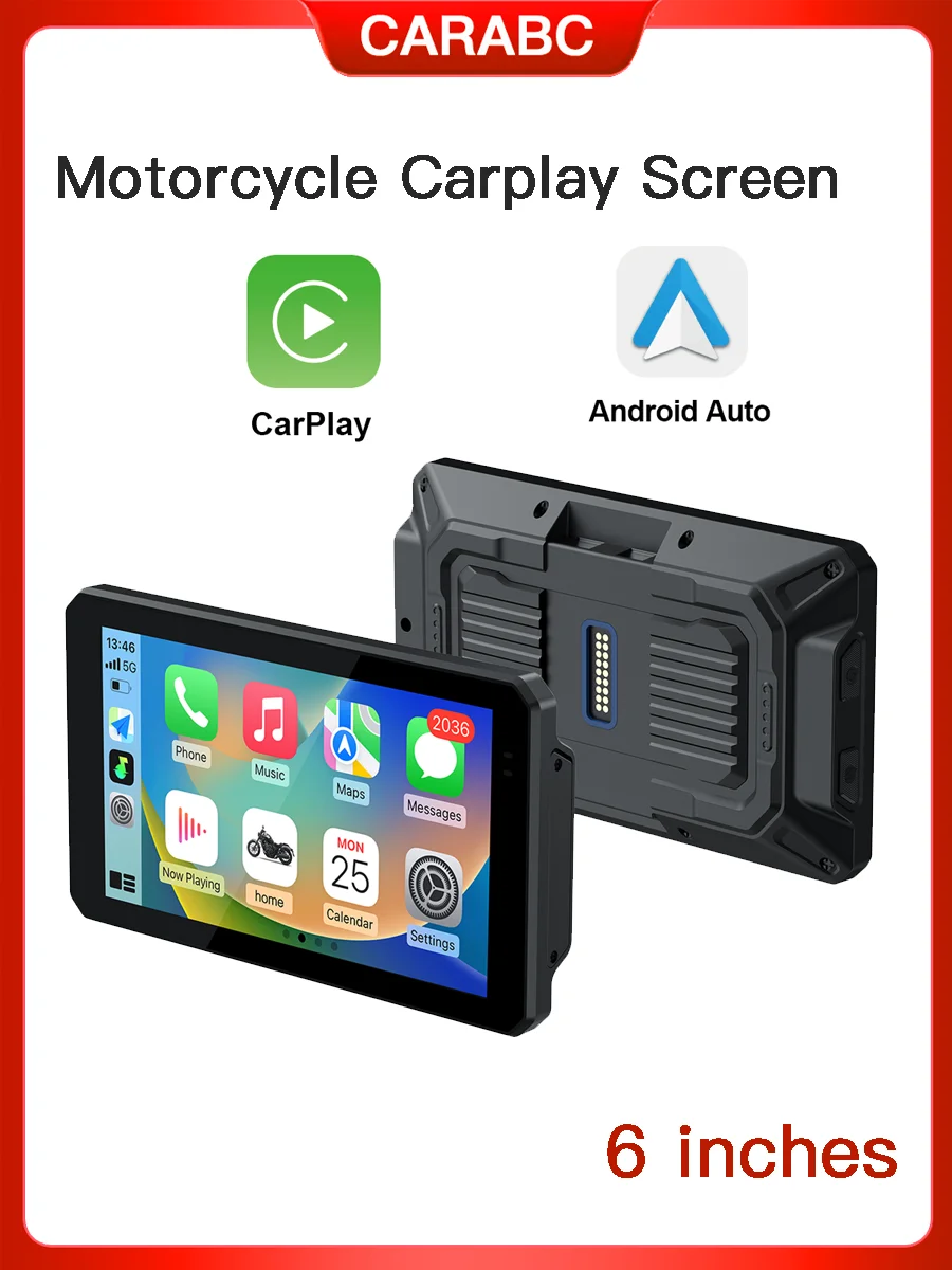 CARABC 6 Zoll Motorrad-CarPlay-Bildschirm Kabelloses Android Auto Bluetooth GPS-Navigation IPX68 Wasserdichter Bildschirm