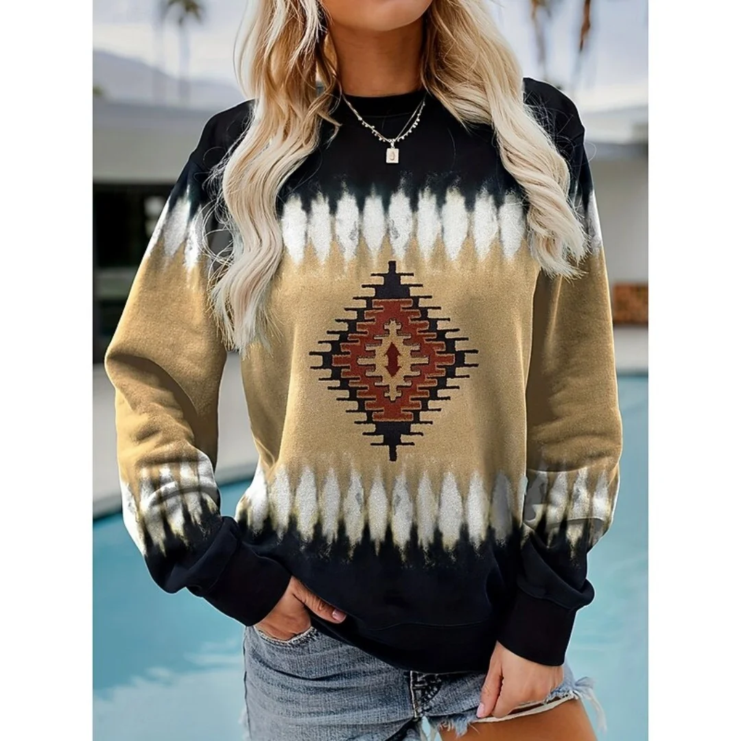 

New Women's Western Ethnic Print Thin Sweatshirt Retro Geometric Print Round Neck Long Sleeve Fall Winter Top for Women Pullover