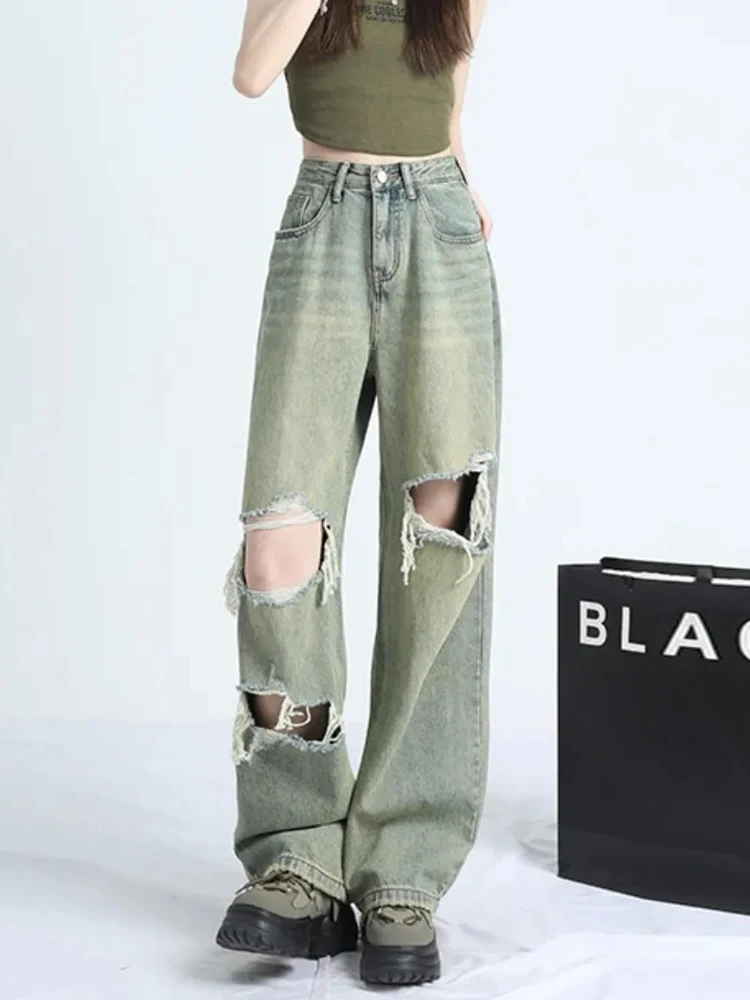 Zoki Amerikanischen Y2K Loch Jeans Frauen Streetwear Lose Hohe Taille Vintage Denim Hosen Casual Harajuku Gothic Dame Breite Bein Hosen