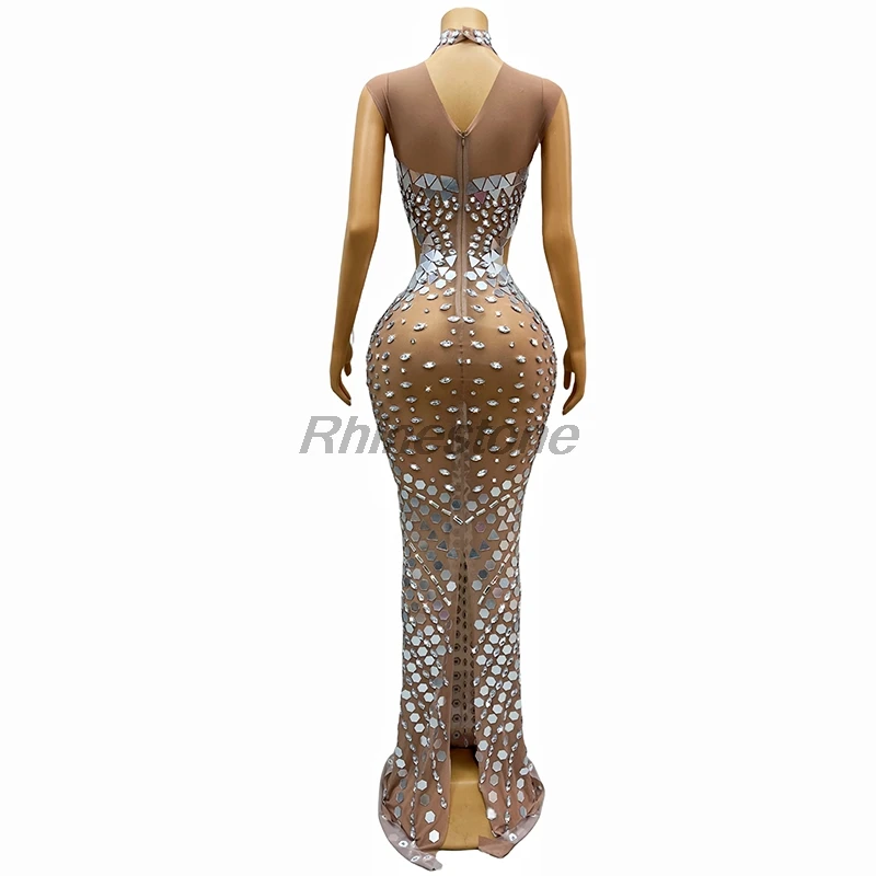 New Luxurious Gold Mirrors Rhinestones Floor Length Transparent Outfit Dance Costume Birthday Performance Dresses