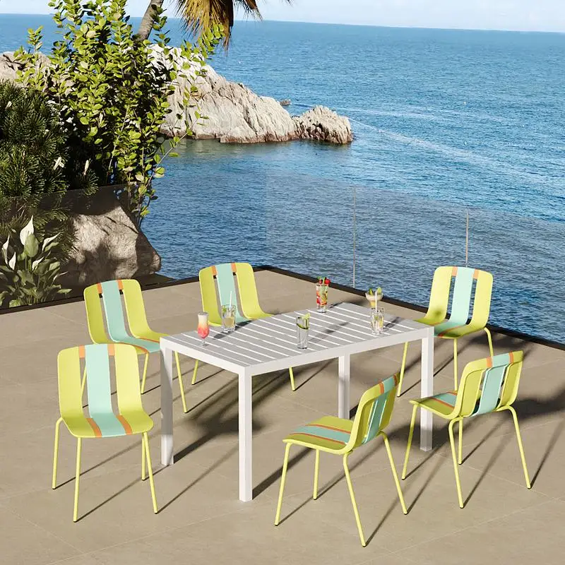 

4-Pack Modern Striped Color Block Chairs for Indoor/Outdoor Use with 55-inch White Table - Lightweight PP Tabletop & Sturdy