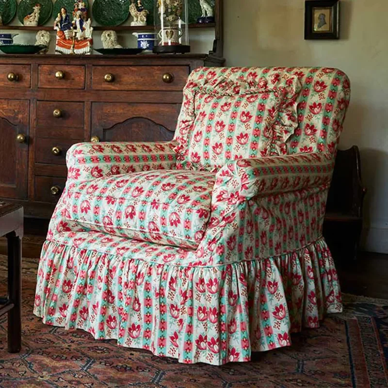French vintage fabric sofa chair, B&B living room single chair, second-hand bedroom, single fabric sofa, floral lounge chair
