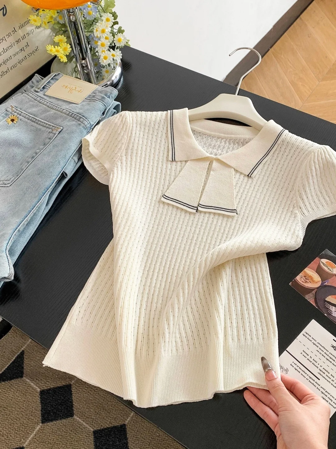 

Korean College Style Women's Short Sleeve Knitted Shirt Summer New Fashion Slimming Top Versatile Soft Polyester Fiber