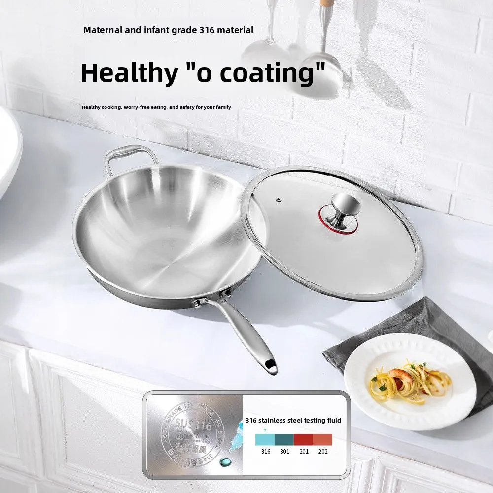 

316 Stainless Steel Fry Pan Non-Stick Coating Flat Bottom Wok for Home Induction Gas Cooking Round Bottom Stir-Fry Pan