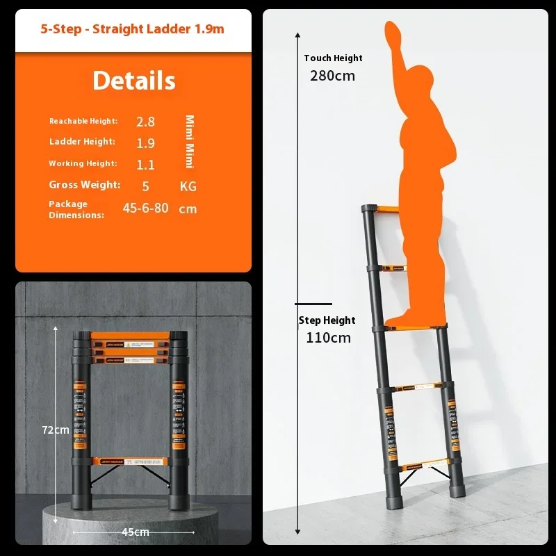 Thick carbon steel telescopic straight ladder, household maintenance climbing ladder, height adjustable straight ladder view 3