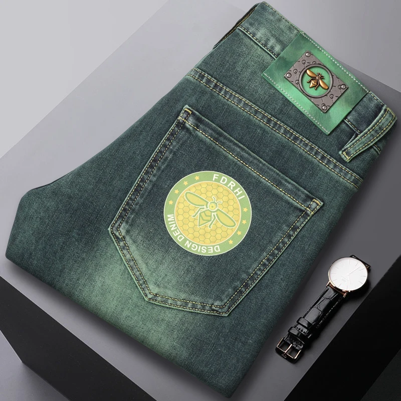 Emerald green jeans for men2024new affordable luxury fashion high-end Korean style fashion elastic slim fit ankle tight trousers