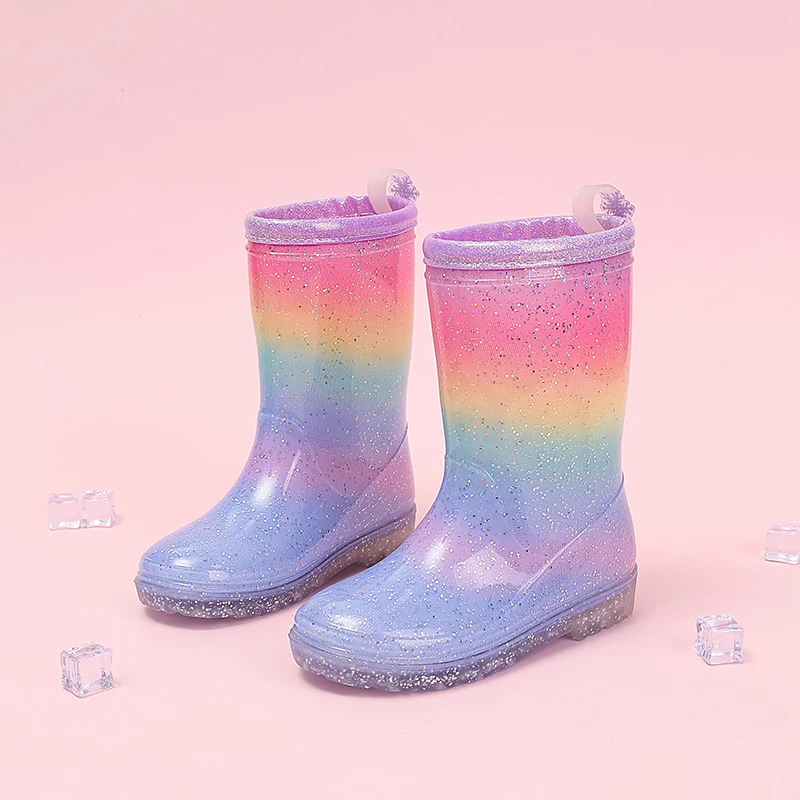 Four Seasons Cute Girls Rain Boots Rainbow Gradient Glitter Waterproof Non-Slip Toddler Kids Outdoor Rainy Day Shoes - view 4
