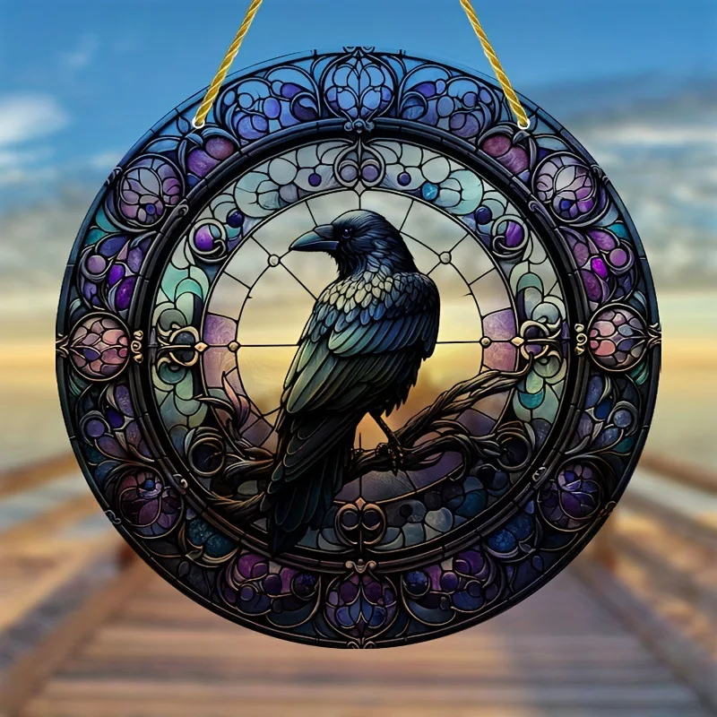 

Stained glass crow pendant on a branch sign window hanging ornament pendant