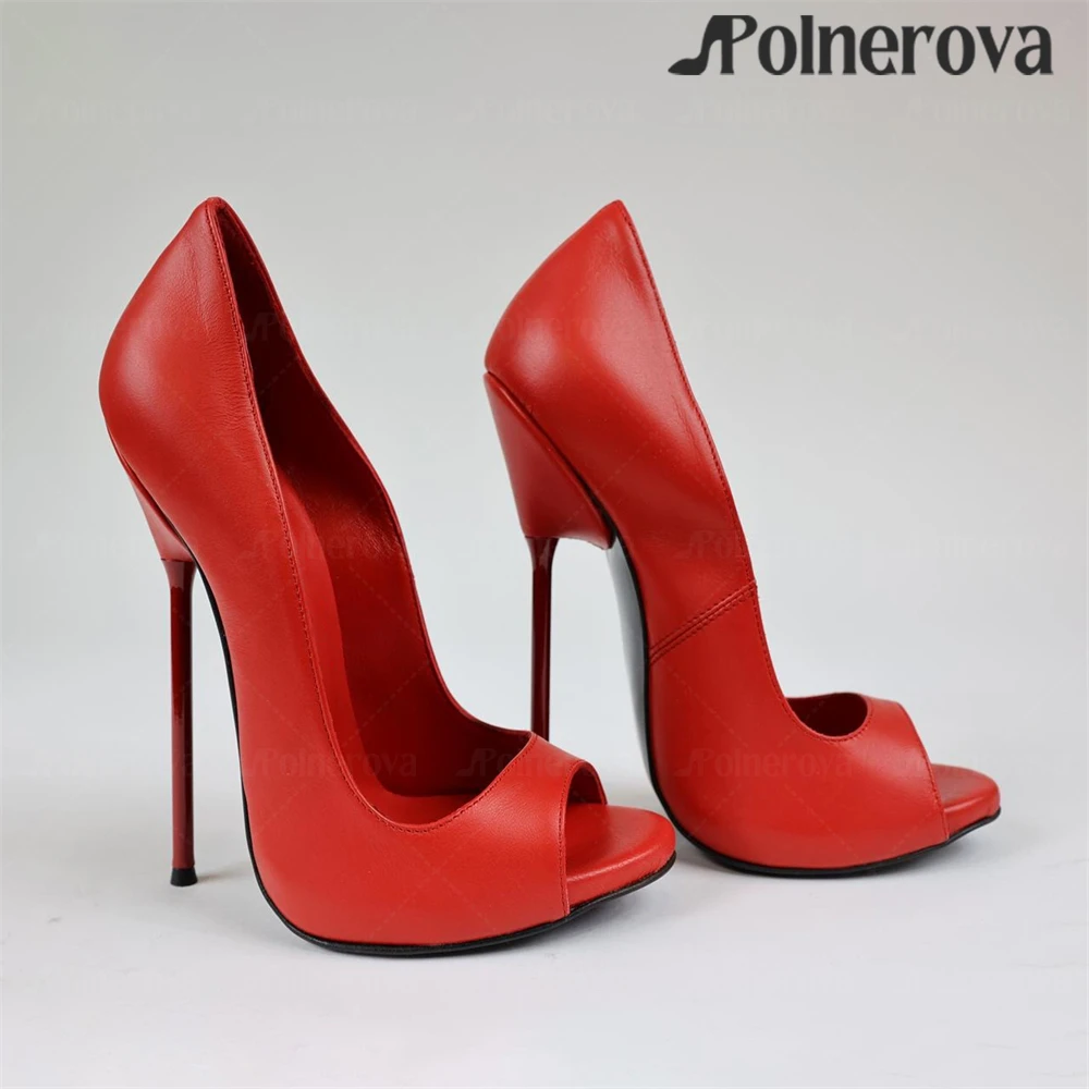 Red Leather Matte Extreme Pumps Classic Peep Toe High Heels Sturdy Metallic Red Stiletto Heel Pumps Customizable Color Stilettos