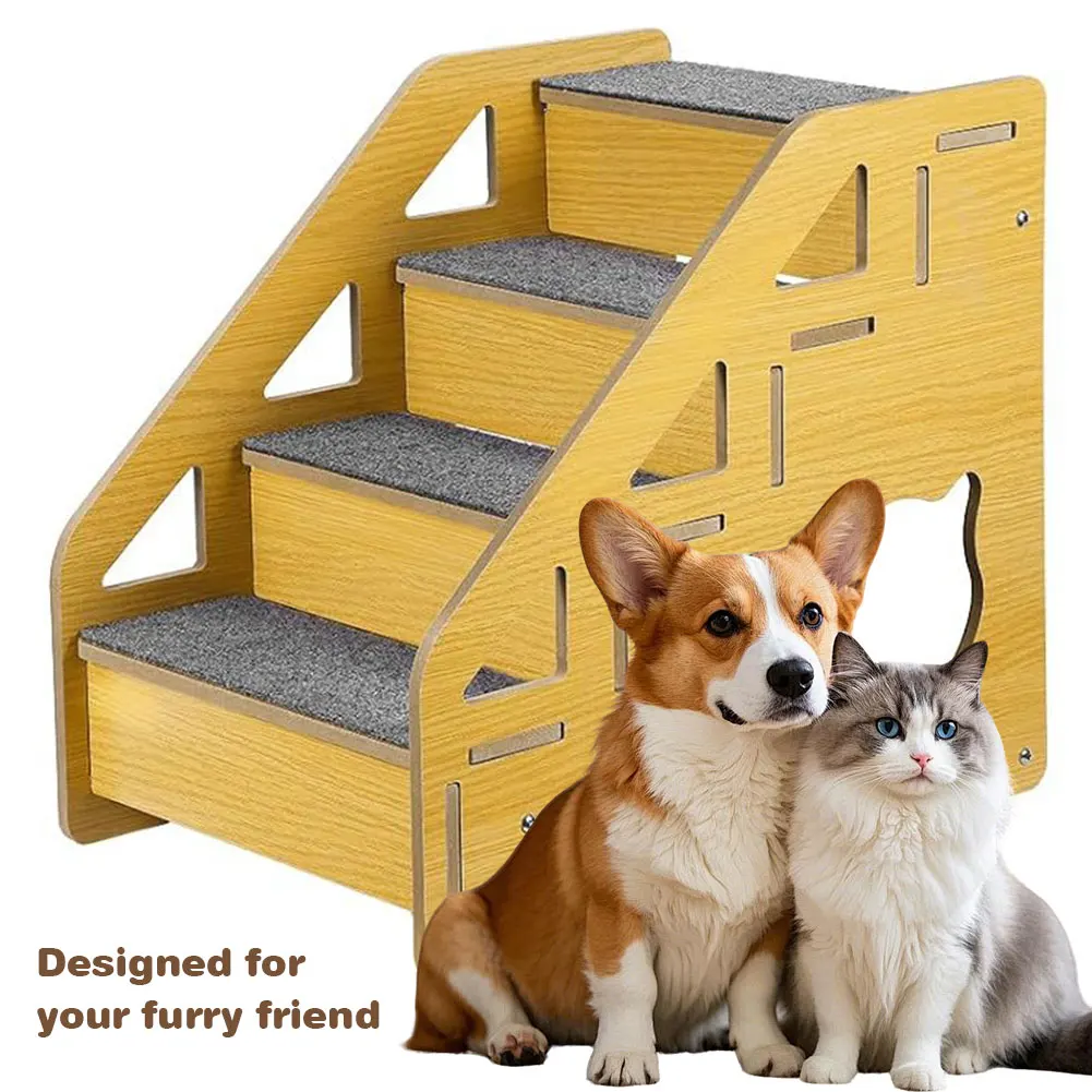 4-Step Wooden Pet Stairs Nonslip Carpeted Cat and Dog Steps Sofa Ladder Pet Furniture for Dogs and Cats for Bed