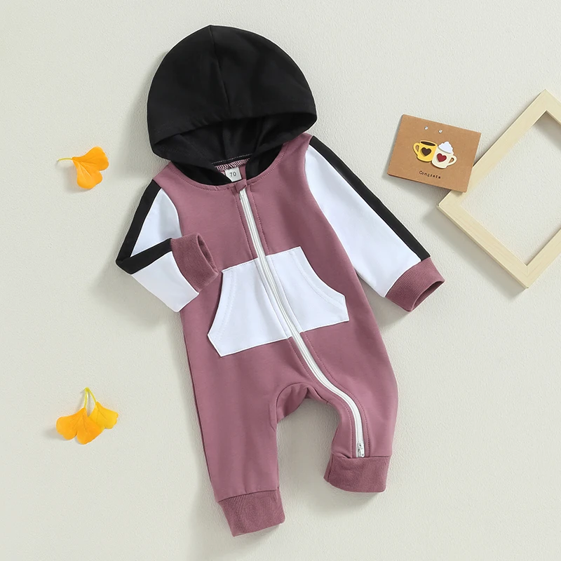 2023-07-05 Lioraitiin 0-18M Infant Baby Boy Girl Full Length Jumpsuit Contrast Color Hood Long Sleeve Romper with Zipper