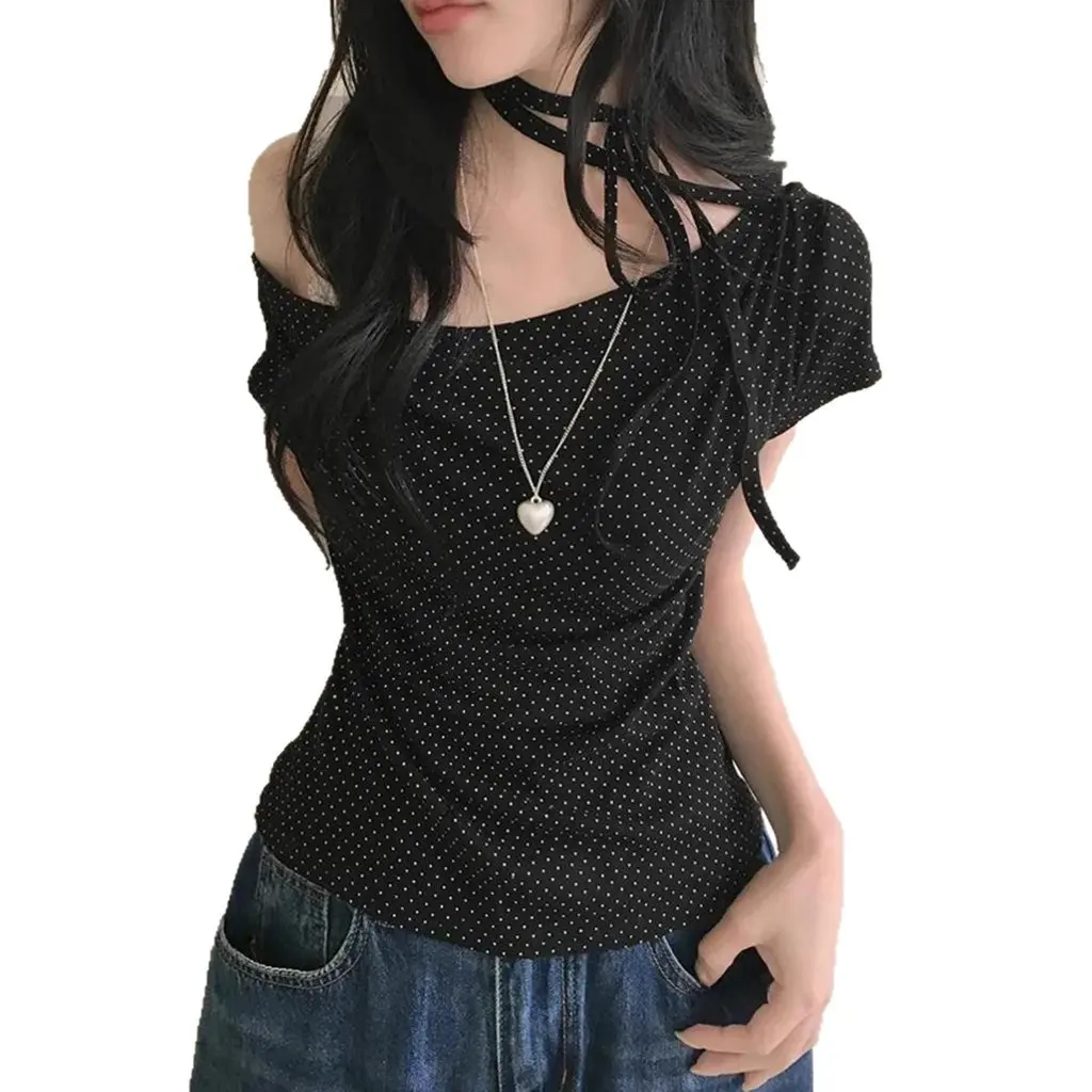 Camiseta ajustada para mujer, Top de moda con diseño de cinturón y hombros descubiertos con cuello lateral para chica Pure Desire de verano