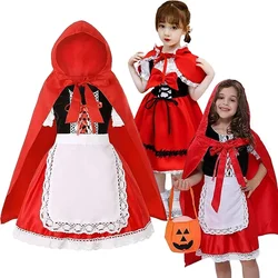 Girl Halloween Cosplay Little Red Riding Hood Dress With Cloak Kids Lace Flower Party Stage Show Clothing Set