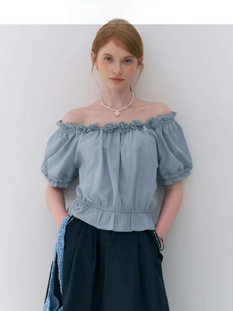 

Romantic 3D Flower Short Shirt Women's Summer Slimming Top French Style Loose Fit Bubble Sleeve Linen Blend Casual Shirt