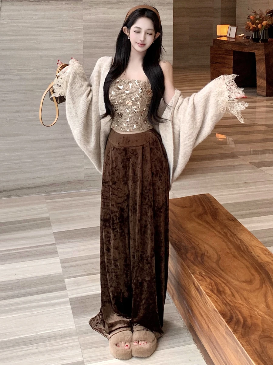 Luxury Sequin Crop Top And Velvet Wide Leg Pants Knitted Cardigan Set Women's Fashion Autumn Wear Comfortable Breathable