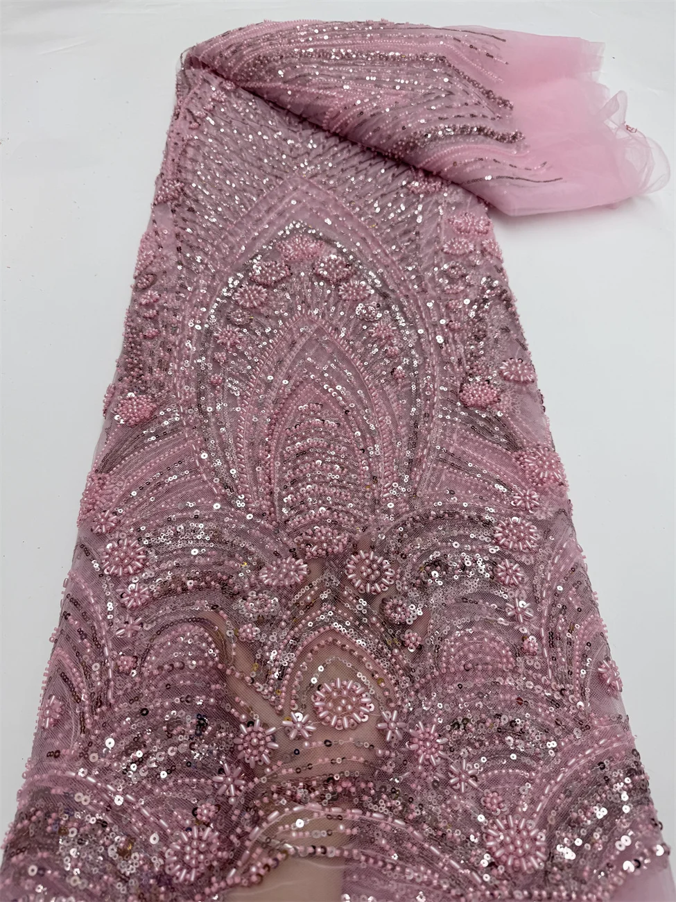 

Luxury Pearls Sequins African Pink Color 2025 High Quality Beads Groom Nigerian Bridal Embroidery French Tulle Lace Fabric DIY