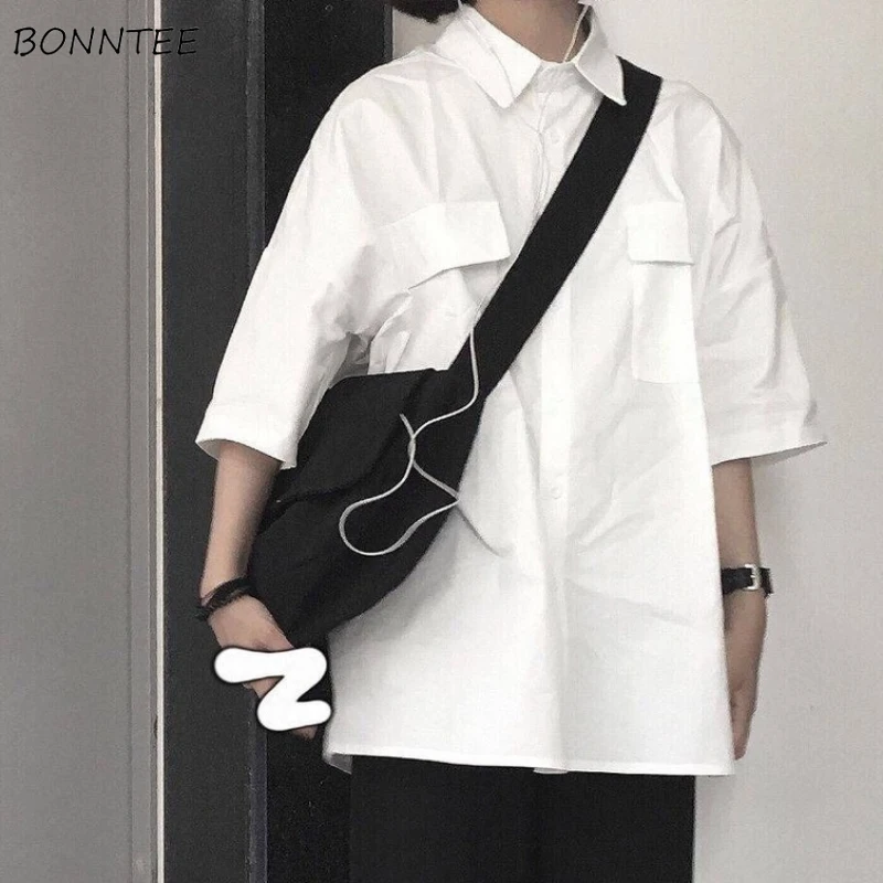 

Solid Shirts Women Summer Girls Basic Retro Half-sleeve Simple Pocket Causal Students Chic Harajuku Personality Baggy All-match