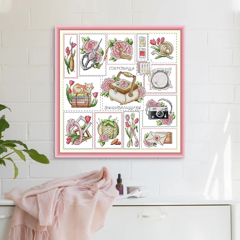 Joy Sunday Love handmade Printed Cross Stitch Kits Aida 16/14/11CT DIY Fabric Folk Craft DMC Thread Hand Embroidery Sets