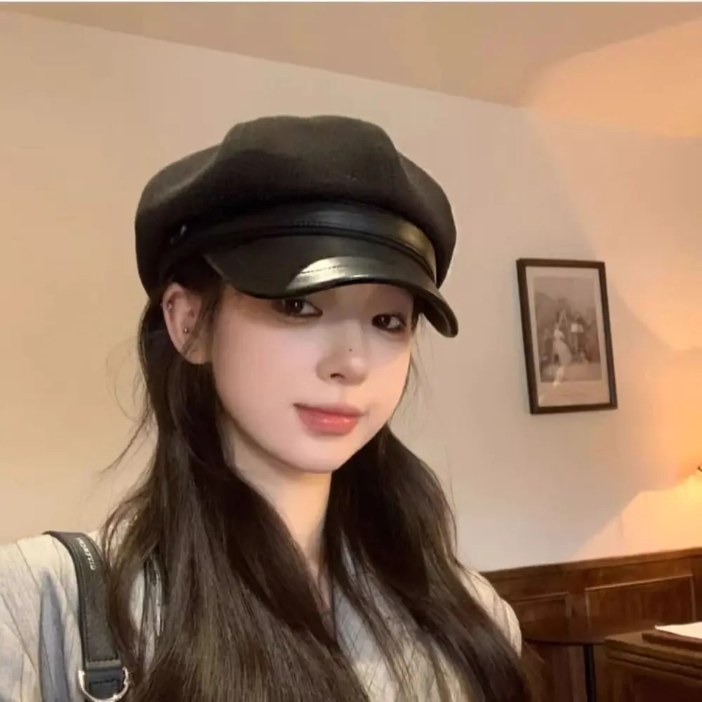 

Fashion British Style Pu Leather Beret Korean Style Newsboy Cap Wool Octagonal Hat Artist Hat Retro Painter Hat Girl