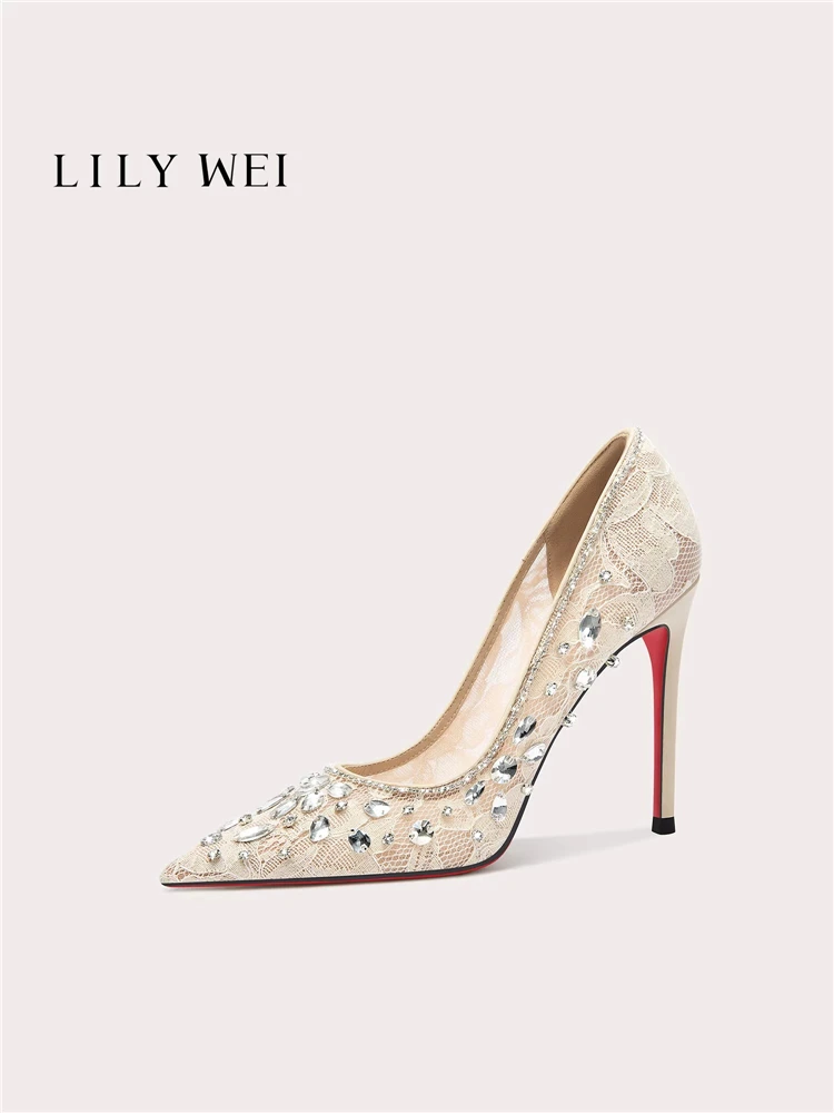 

Spring and summer new pointed shallow lace mesh crystal wedding shoes banquet large size small size thin high-heeled women shoes