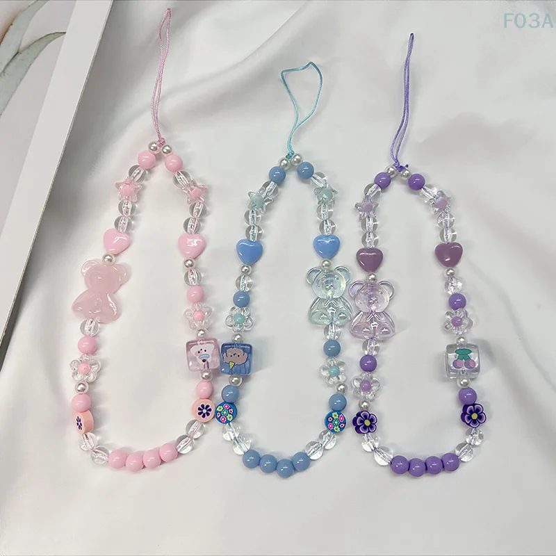 Cute Bear Bow Mobile Phone Rope Keychain Lanyard  Phone Beaded Chain Bracelet Anti-Fall Acrylic Color Chain Crystal Cute