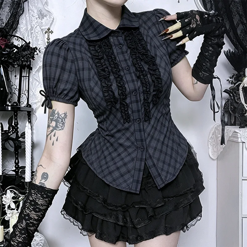 

Women Y2k Short Sleeve Plaid Shirt Single Breasted Gothic Punk Harajuku Blouses Casual Summer Hot Girl Shirt Tops 90s Streetwear