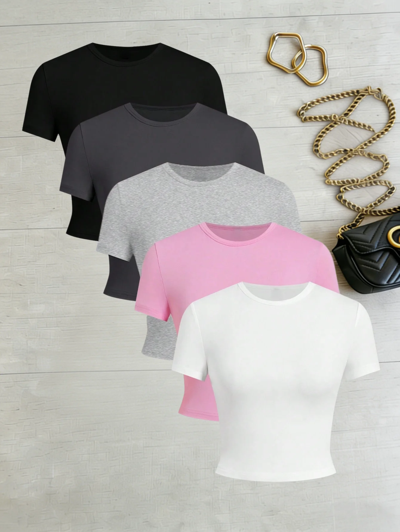 Women Crew Neck Short Sleeve Crop Top 5 Pack Casual Form Fitting Solid Color Tee Set