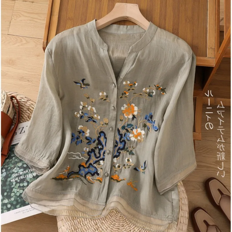 Kaus Vintage bordir mewah, pakaian wanita tren atasan kardigan kasual longgar mantel pendek kancing Patchwork musim panas blus