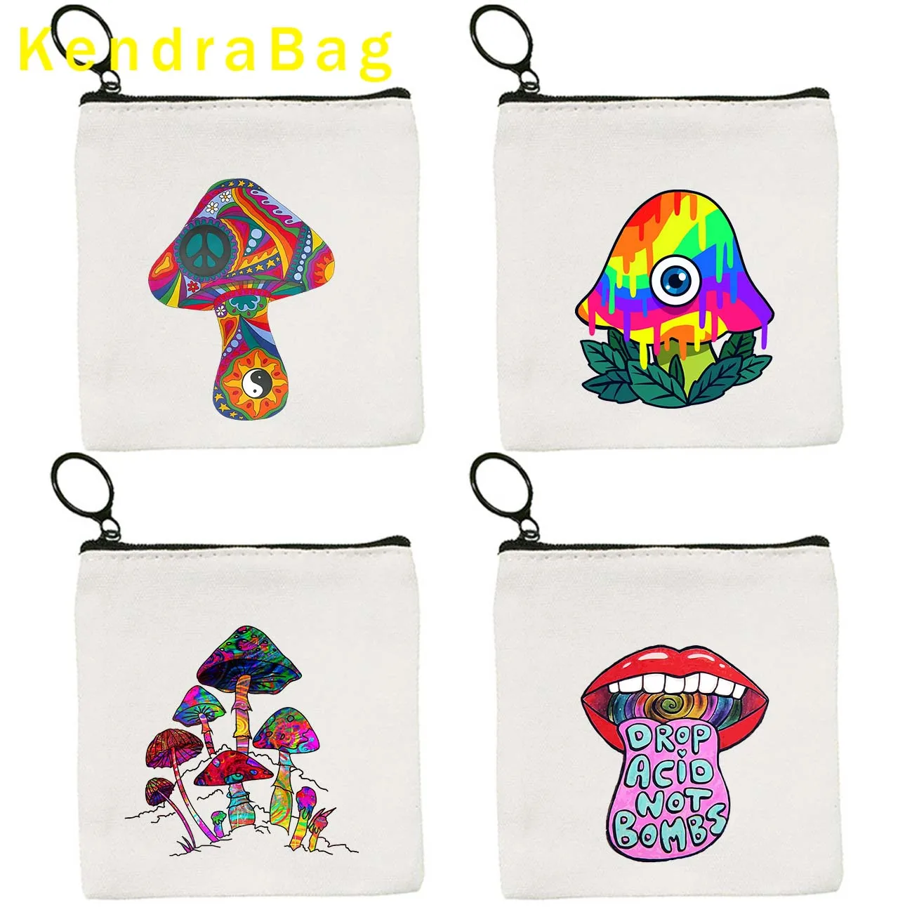 Celestial Mosaic Sun Moon Psychedelic Trippy Magic Mushroom Garden Buddha Key Coin Purse Eco Canvas Bag Pouch Wallet Zipper Gift