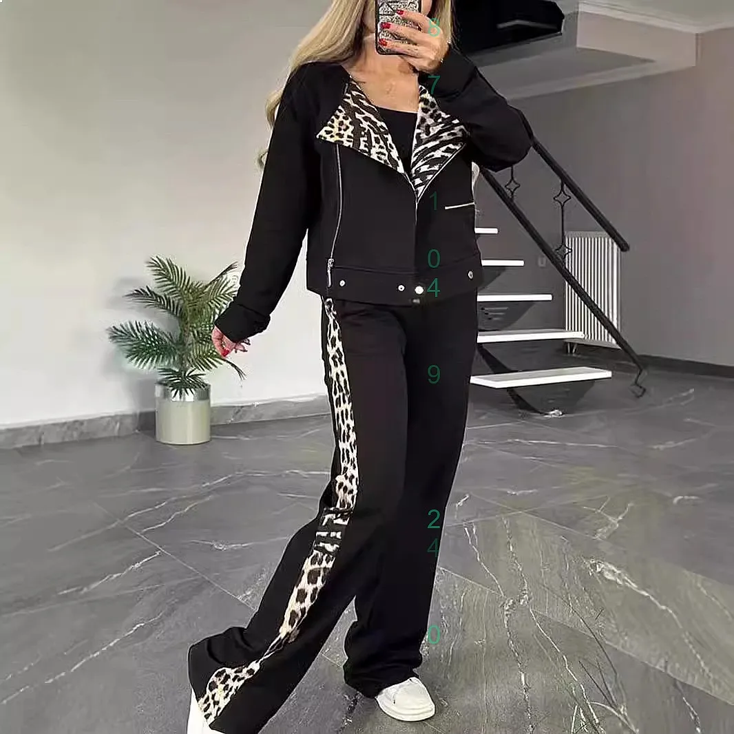 

Fashion Casual Leopard Print Blazer Suit Set for Women Long Sleeve Zip Up Blazer Sets Jumpsuit Playsuit