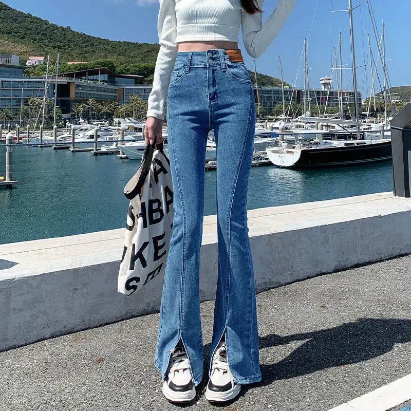 

Stretchy petite high street flared jeans, niche women's clothing2024High-waisted, stylishly designed, slit-flared pants that are