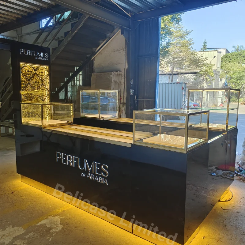 customized.Luxury Retail Store Perfume Cosmetic Glass Display Counter Showcase Elegant Perfume Display Mall Kiosk