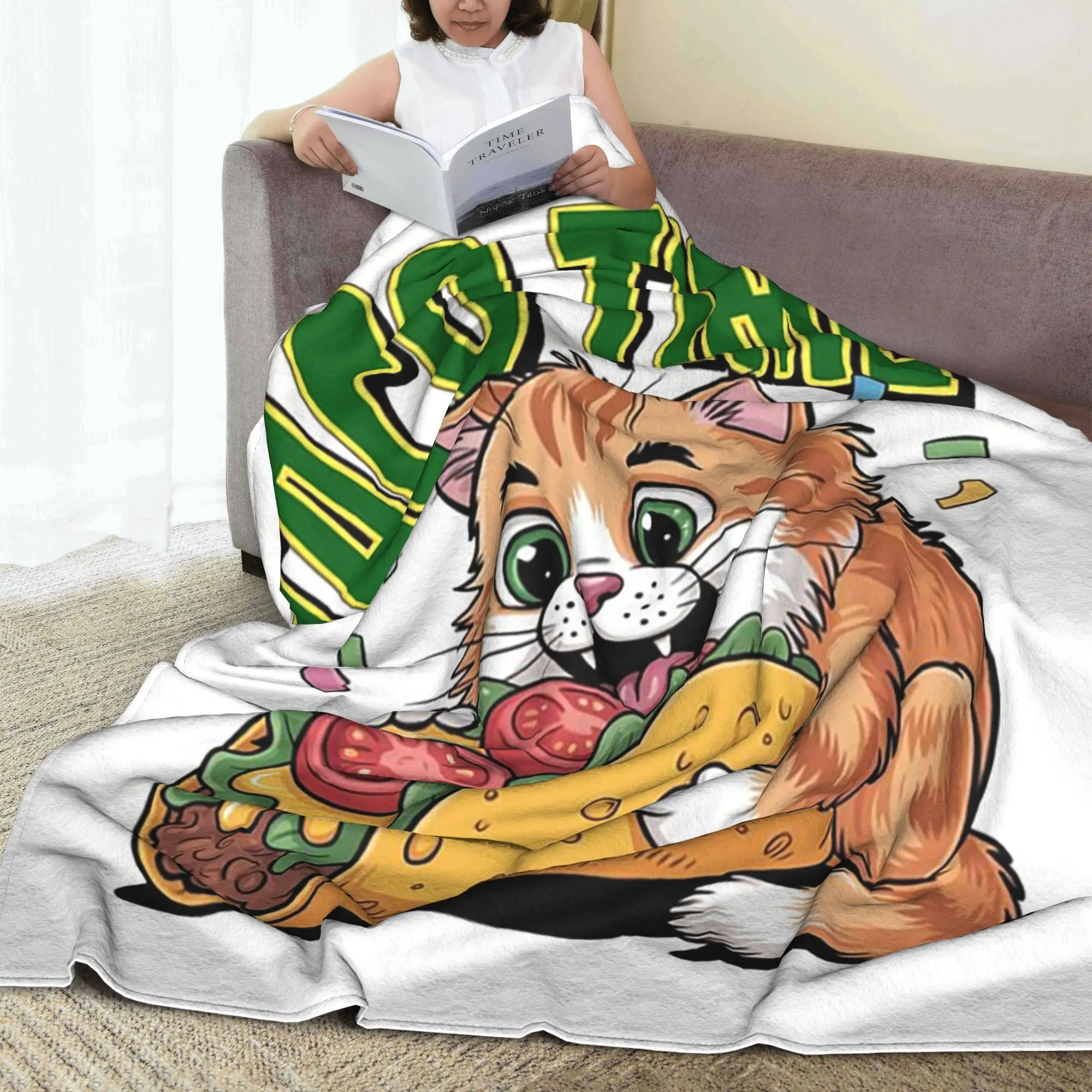 Taco Time, Cute Cat Hugging Taco Funny Food Design Blankets Portable Flannel Sofa Throw Blanket for Home Bedroom Travel