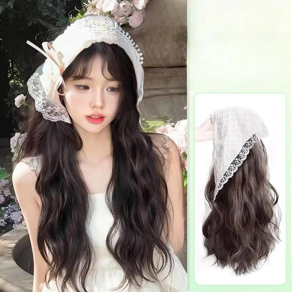 

French Lace Triangle Headscarf Hair Wig Summer Pastoral Style Culry Wave Half Head Cover Hair Extensions