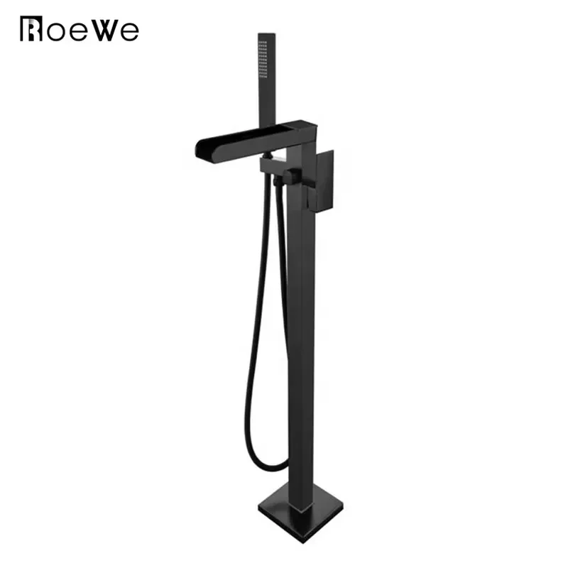 CUPC Approved Bathroom Stand Alone Shower Mixer Tap, Floor Mounted Free Stand Mixer Brass Body Black Freestanding Bathtub view 3