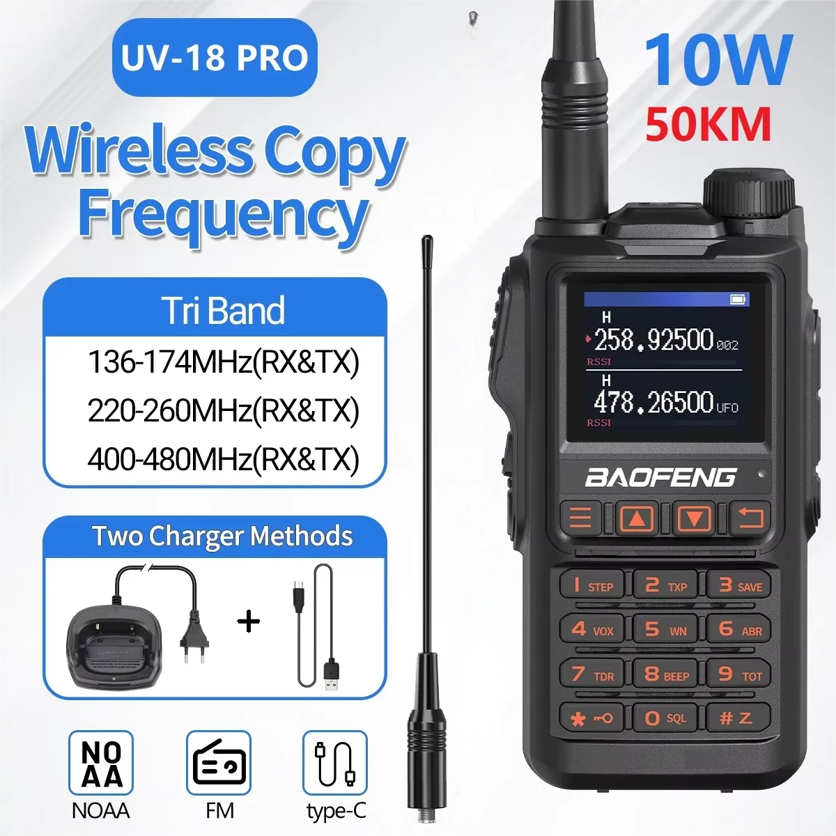 

Baofeng UV-18 Pro Walkie Talkie 10 Вт Беспроводная частота копирования 999CH NOAA Двухсторонняя радиостанция дальнего действия Type-C VHF UHF Ham для путешествий
