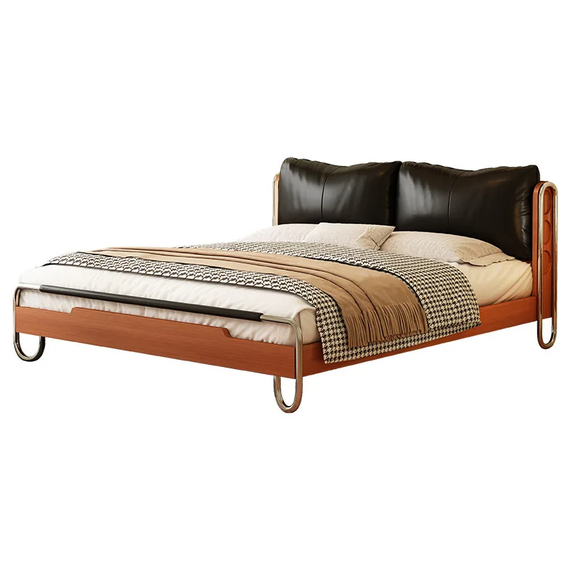 

Medieval black leather bed solid wood household small apartment master bedroom French retro soft bag bed