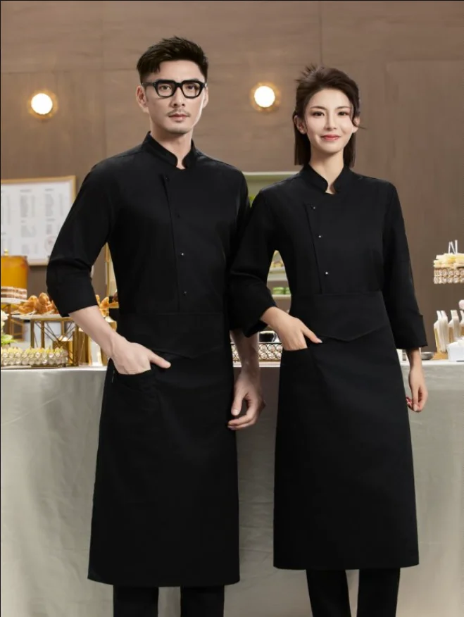 Uniforme de Chef para hombre, chaqueta de Chef con delantal, abrigo de cocinero de restaurante de manga larga, camiseta de Chef, uniforme de trabajo, ropa de Hotel de camarero con logotipo