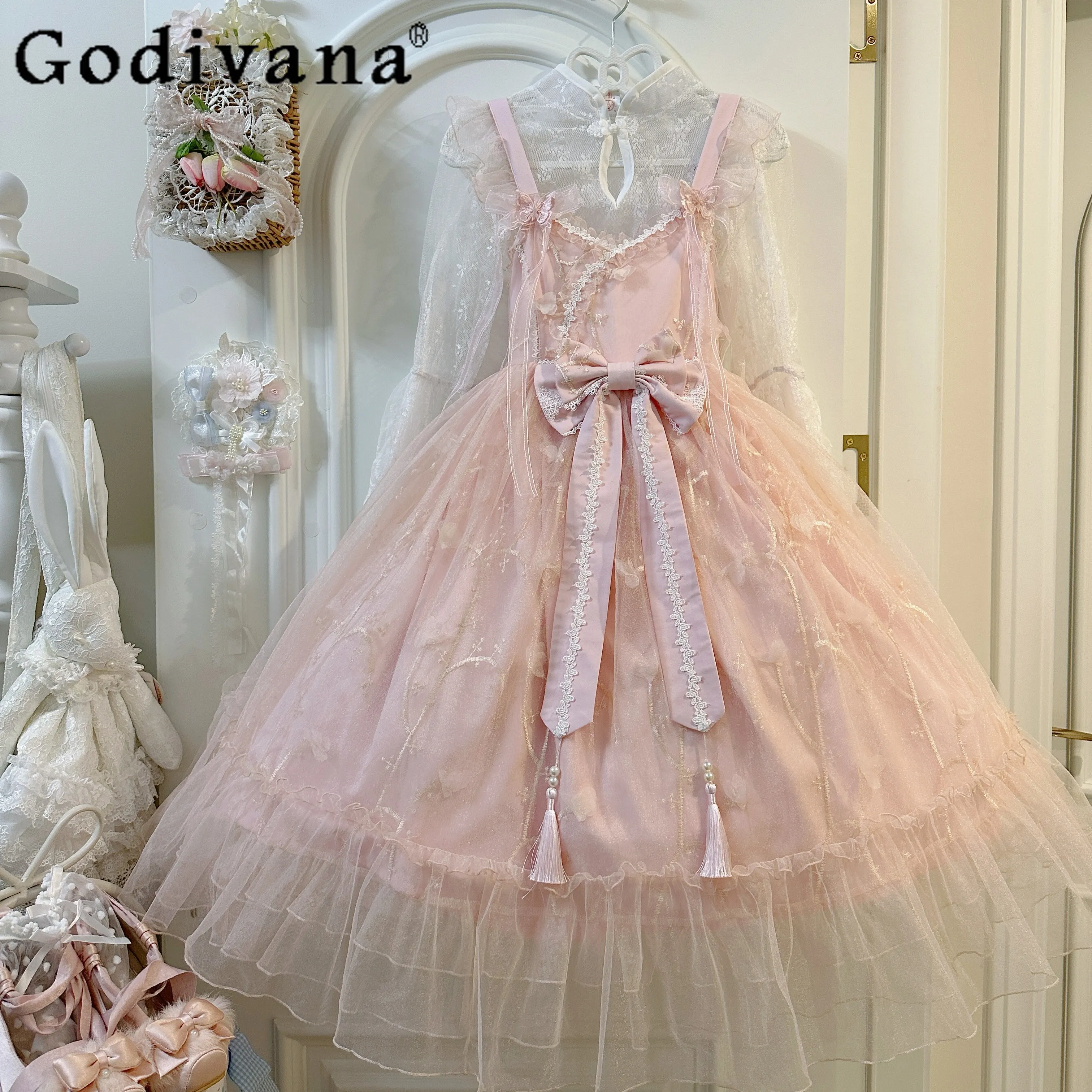 

Original Lolita Chinese Style Suspender Dress Jsk Suit Women's Sweet Bow Print Mesh Splicing Dress Flying Sleeve Lace Shirt Set