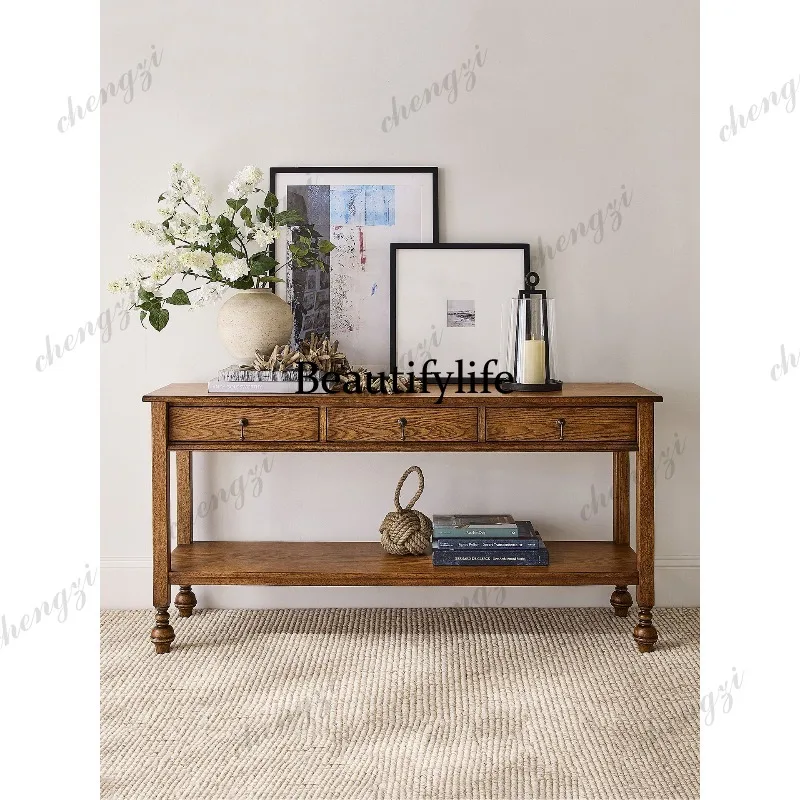 American country solid wood porch table French retro porch with drawers shelf living room