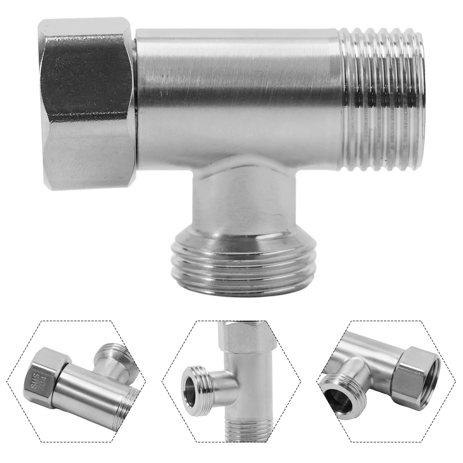 304 Stainless Steel Diverter Valve T Adapter Replacement G1/2