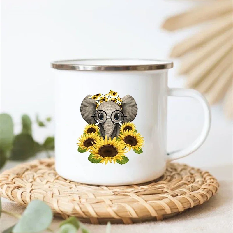 Creative Coffee Tea Cup Peace Love Sunflower Elephant Print Mugs Drinks Water Milk Cup Enamel Mug Vintage Handle Drinkware Gifts