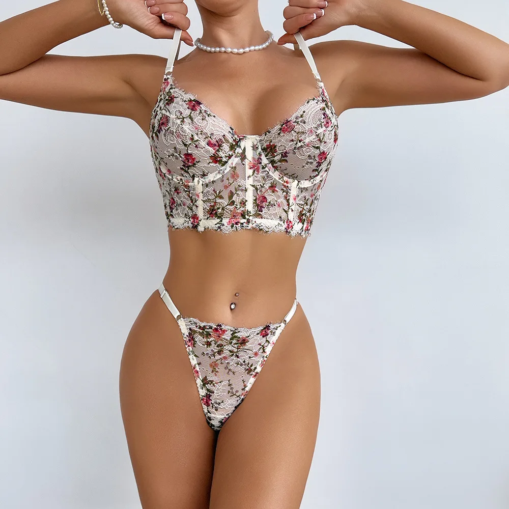 مجموعة الملابس الداخلية النسائية الأنيقة البيج الوردي طباعة الدانتيل والتطريز الحمالة هيكل السمكة الصدرية ثونغ مجموعة وصول جديد #4