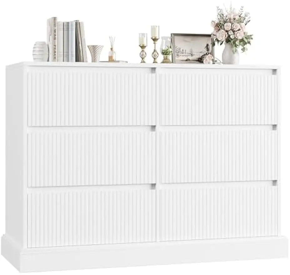 White Dresser for Bedroom, Modern 6 Drawer Dresser, Double Dresser Chest of Drawers with Wavy Pattern | Handleless Drawers, Wood